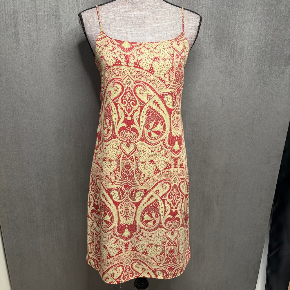 Old Navy Slip Dress Sz 8 Red Cream Paisley Boho 90s Spaghetti Strap Knee Length